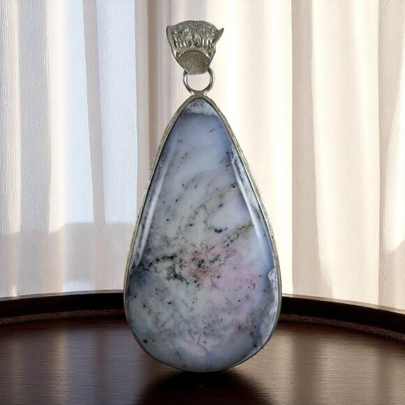 Dendritic Agate Teardrop Pendant Sterling Silver 2" Natural Gemstone - Picture 1 of 10